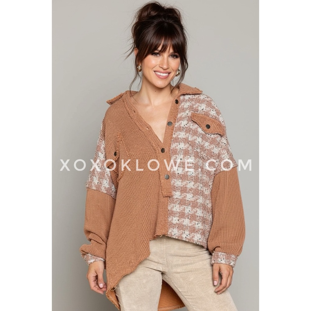 POL Tan Cream Patchwork Pullover Top | Tweed Houndstooth Shacket
